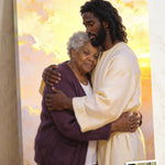 Personalized Black Jesus Hug Portrait canvas of an older woman held close in Jesus’ embrace in golden sunrise light, with a small print of her original photo