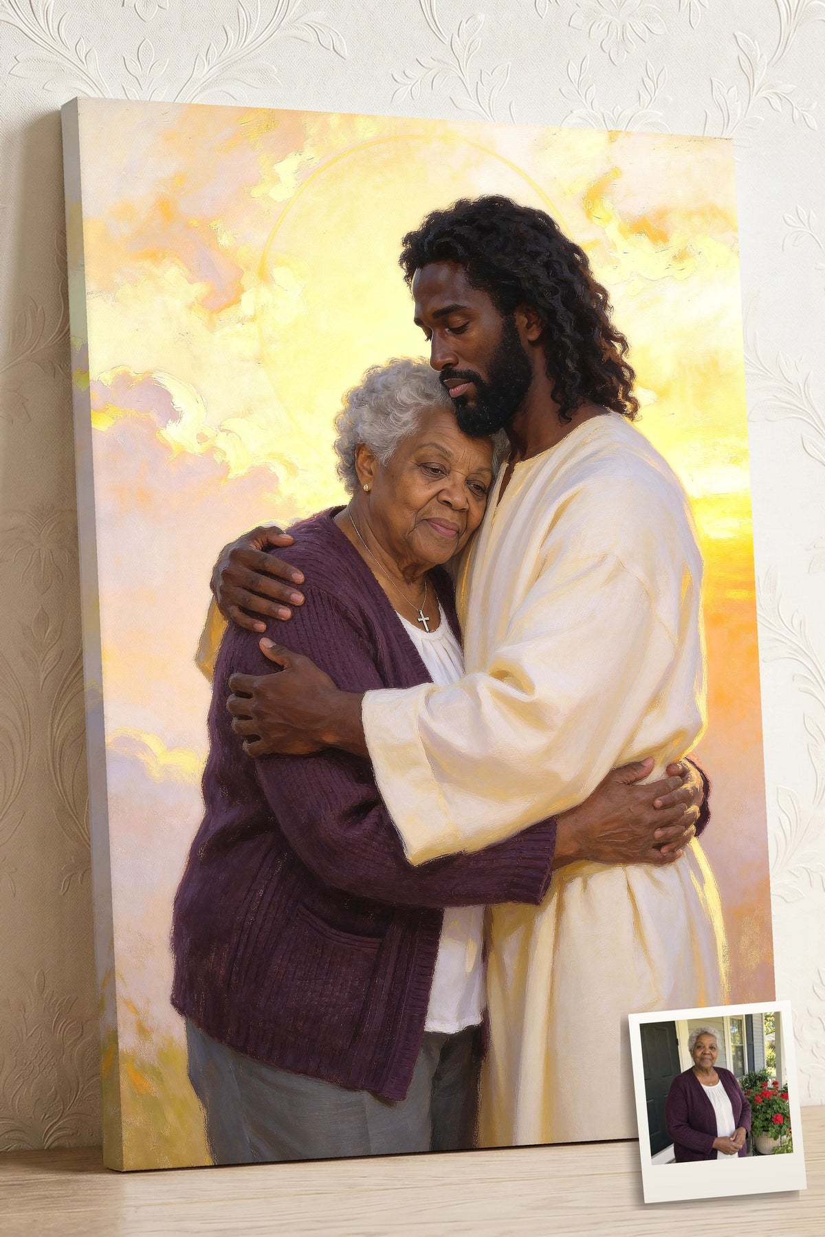 Personalized Black Jesus Hug Portrait canvas of an older woman held close in Jesus’ embrace in golden sunrise light, with a small print of her original photo