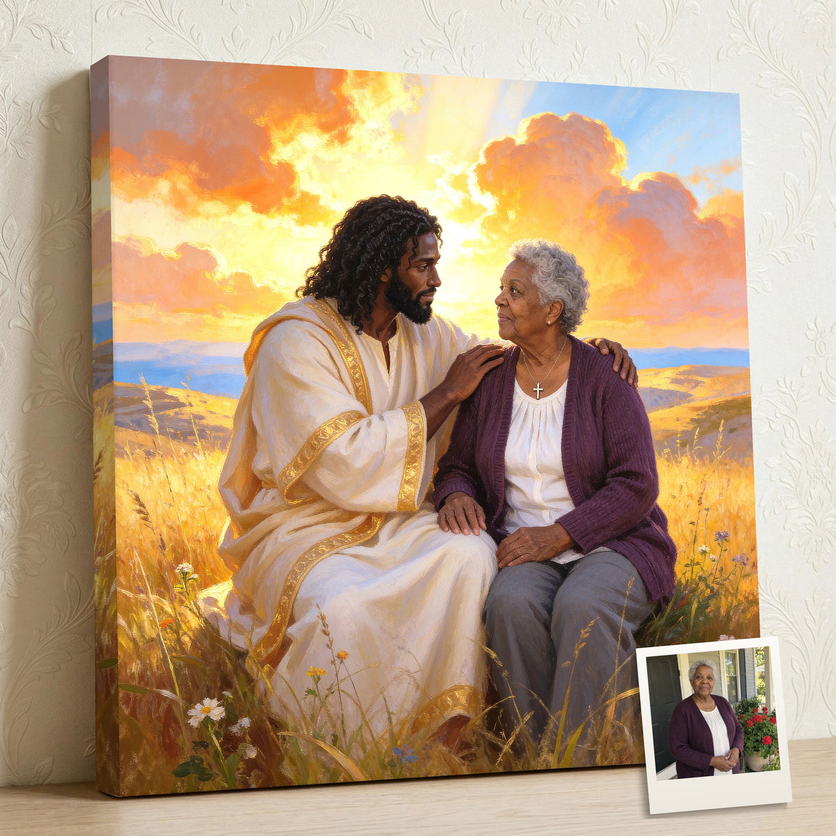 Personalized Black Jesus Teaching Moment canvas of an older woman sitting beside Jesus in a golden field, His hand on her shoulder, with a small print of her original photo
