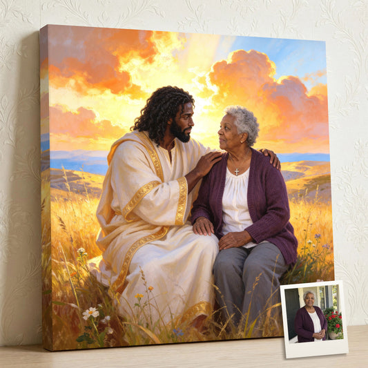 Personalized Black Jesus Teaching Moment canvas of an older woman sitting beside Jesus in a golden field, His hand on her shoulder, with a small print of her original photo