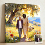 Personalized Black Jesus Shepherd’s Walk canvas of an older woman walking arm in arm with Jesus among olive trees and sheep, with a small print of her original photo