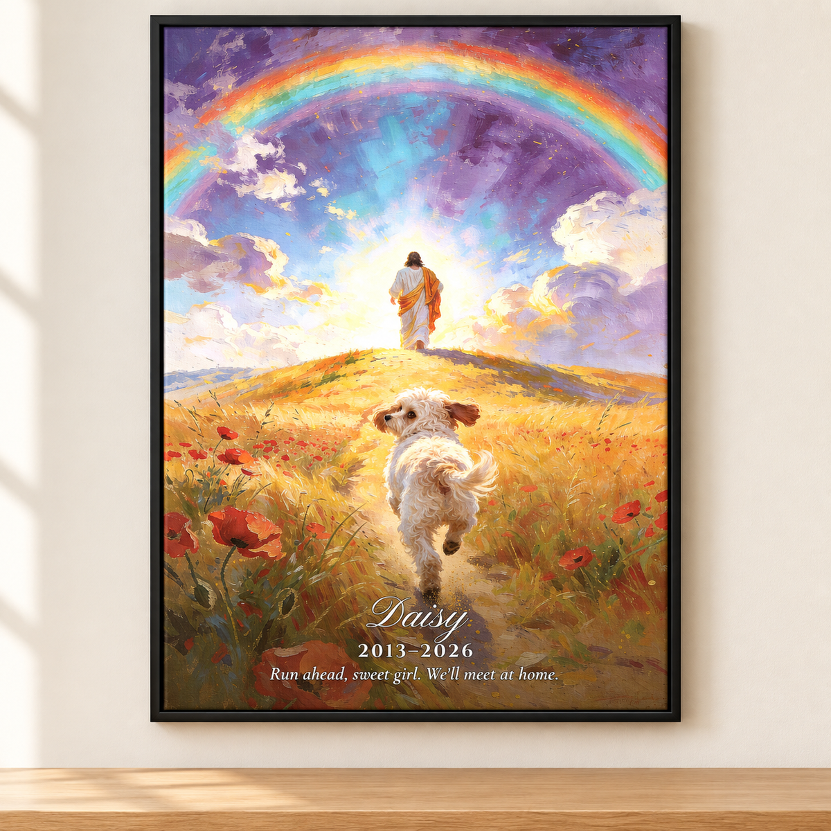 Personalized Rainbow Bridge Homecoming pet memorial canvas for Daisy with name, dates, and message in a Black frame