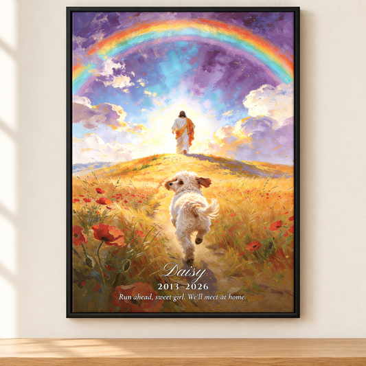 Personalized Rainbow Bridge Homecoming pet memorial canvas for Daisy with name, dates, and message in a Black frame