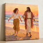 Personalized Walk With Jesus by the Sea canvas showing a woman and Jesus in joyful sunrise conversation