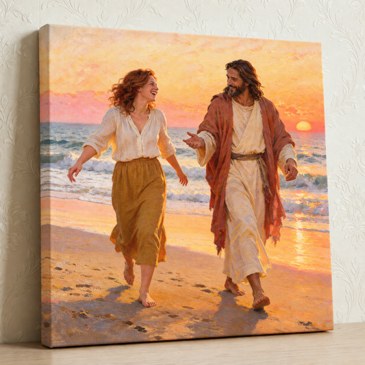 Personalized Walk With Jesus by the Sea canvas showing a woman and Jesus in joyful sunrise conversation