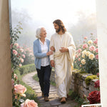 Personalized In the Garden canvas of an older woman walking arm in arm with Jesus on a rose path, with a small print of her original photo