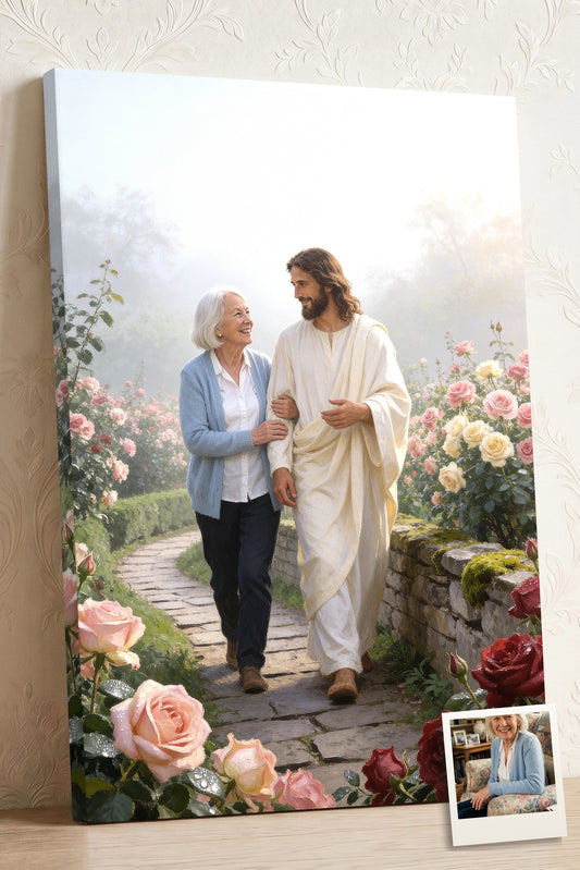Personalized In the Garden canvas of an older woman walking arm in arm with Jesus on a rose path, with a small print of her original photo