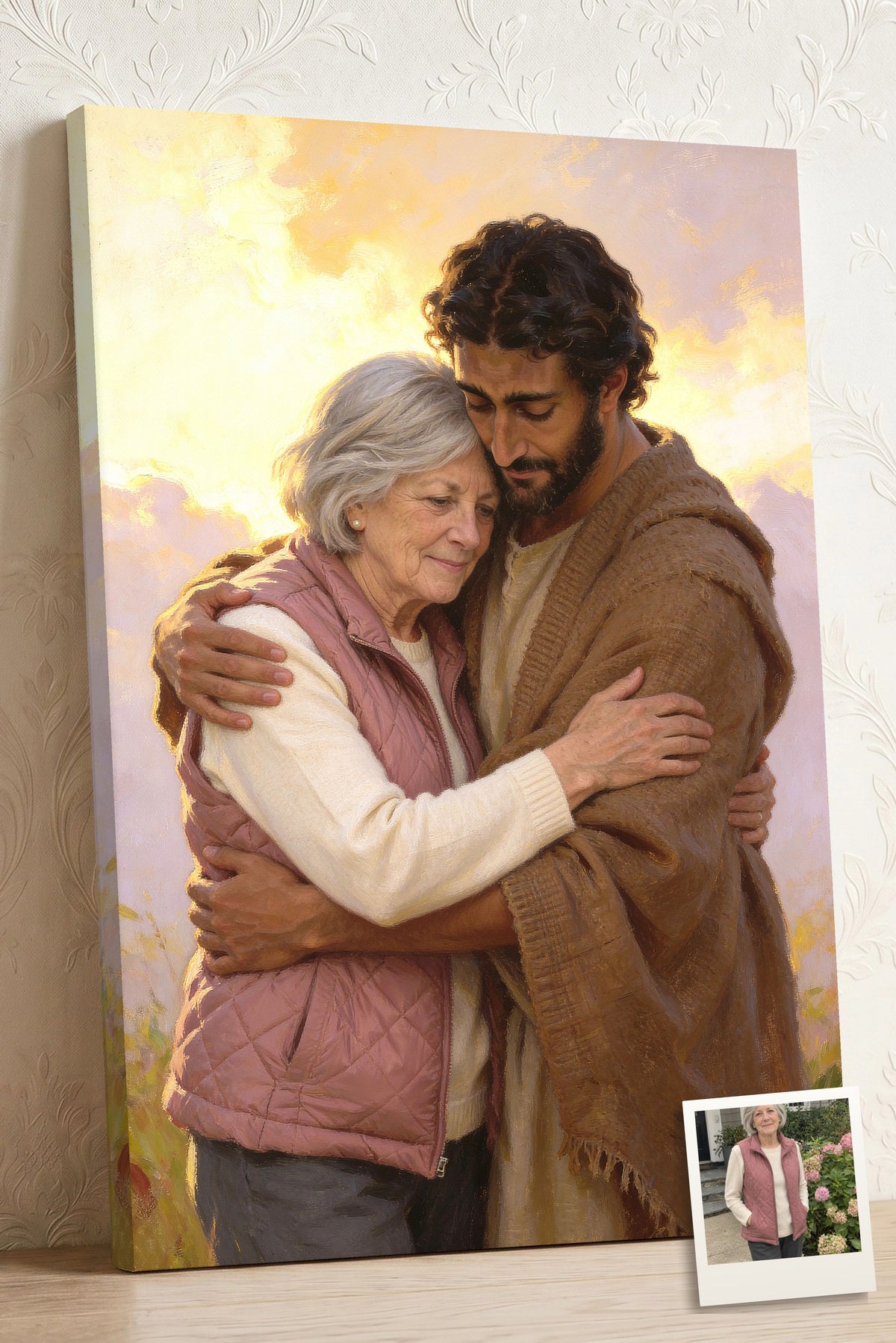 Personalized Jesus of Nazareth Hug Portrait canvas of an older woman held close in Jesus’ embrace in golden sunrise light, with a small print of her original photo