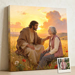 Personalized Jesus of Nazareth Teaching Moment canvas of an older woman sitting with Jesus in a golden field, His hand on her shoulder, with a small print of her original photo