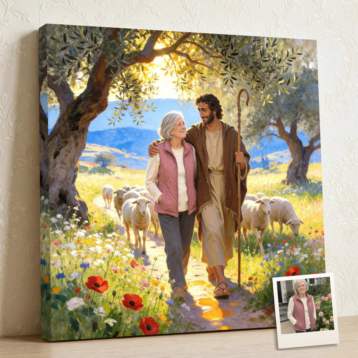 Personalized Shepherd’s Walk canvas of an older woman walking with Jesus of Nazareth, His arm around her shoulders, past sheep and red anemones, with a small print of her original photo