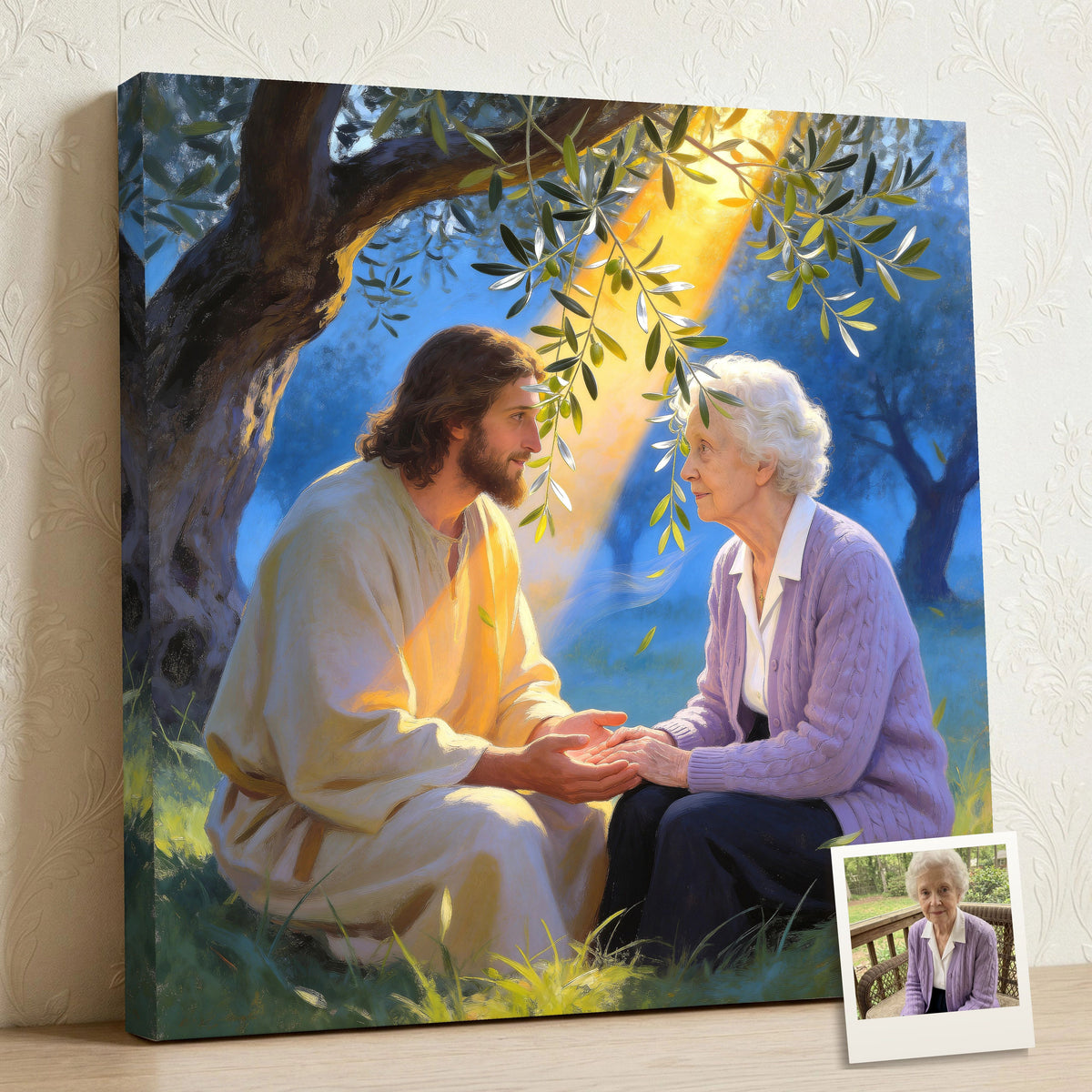 Personalized Jesus Prays With You canvas of an older woman holding Jesus' hand beneath an olive tree, with a small print of her original photo