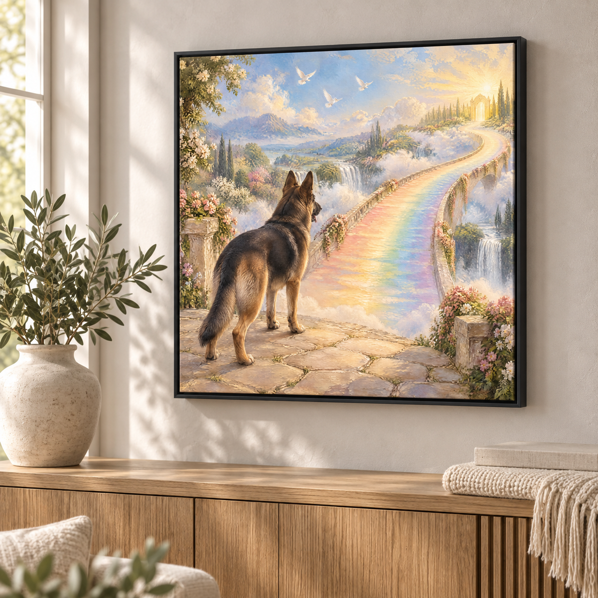 Personalized Rainbow Bridge pet memorial canvas with a German Shepherd in a black frame