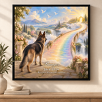 Personalized Rainbow Bridge pet memorial canvas for Ranger with elegant name, dates, and message in a black frame