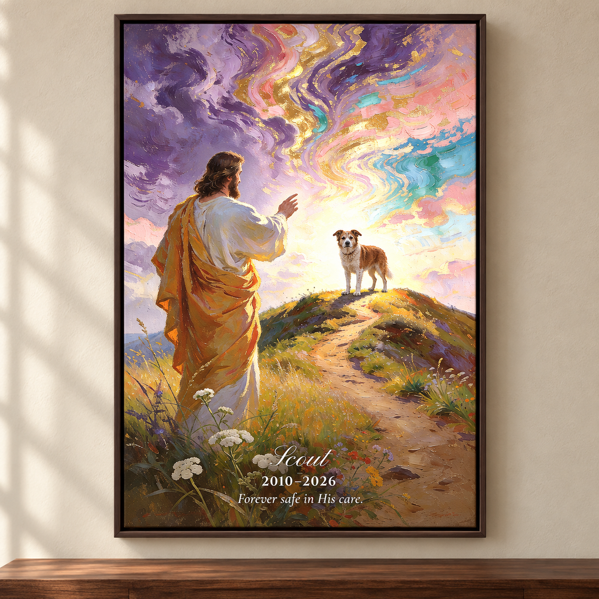 Personalized pet memorial canvas for Scout with Jesus including name dates and message in an Espresso frame