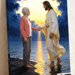 Personalized Jesus Take My Hand canvas of an older woman holding Jesus' hand on a stormy shore at dawn, with a small print of her original photo