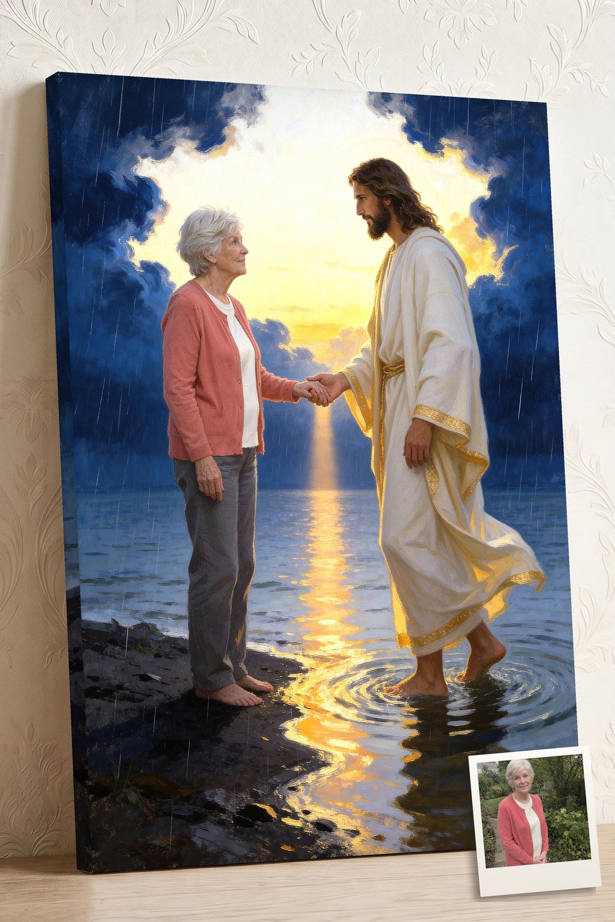 Personalized Jesus Take My Hand canvas of an older woman holding Jesus' hand on a stormy shore at dawn, with a small print of her original photo