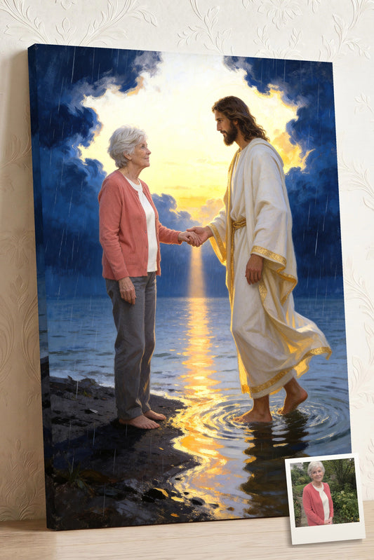 Personalized Jesus Take My Hand canvas of an older woman holding Jesus' hand on a stormy shore at dawn, with a small print of her original photo