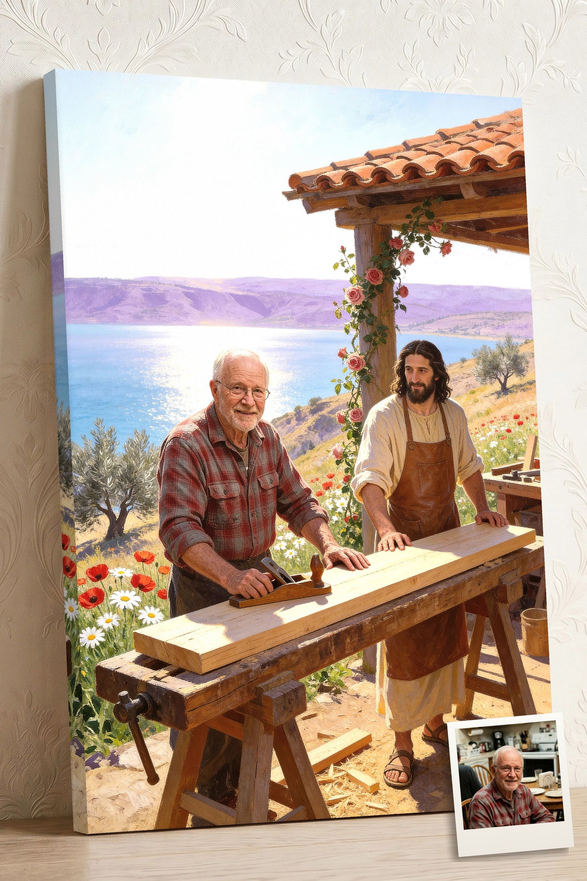 Personalized Jesus the Carpenter canvas: a grandfather working at the bench with Jesus above the Sea of Galilee, shown with the photo it was made from