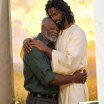 Personalized Christian canvas of an older man embraced by Black Jesus, His head resting against the man’s in warm golden light, with a small print of his original photo
