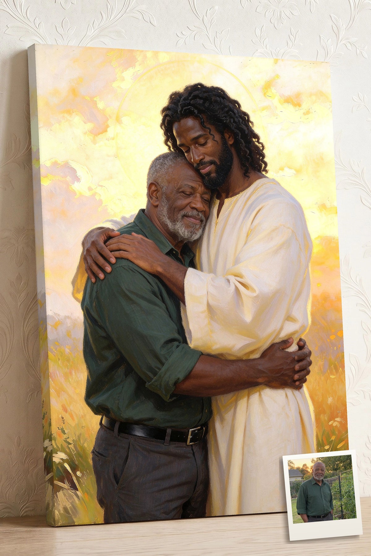 Personalized Christian canvas of an older man embraced by Black Jesus, His head resting against the man’s in warm golden light, with a small print of his original photo