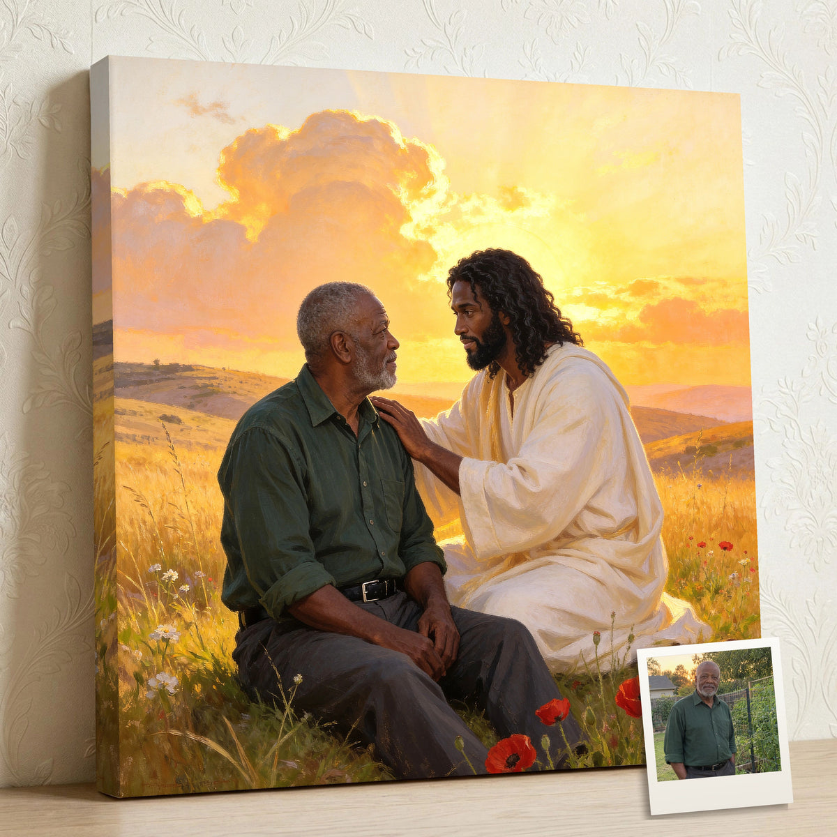 Personalized Christian canvas of an older man sitting with Black Jesus in a golden meadow, His hand on the man’s shoulder, with a small print of his original photo