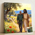 Personalized Christian canvas of an older man walking with Black Jesus, the Good Shepherd, on a meadow path, with a small print of his original photo