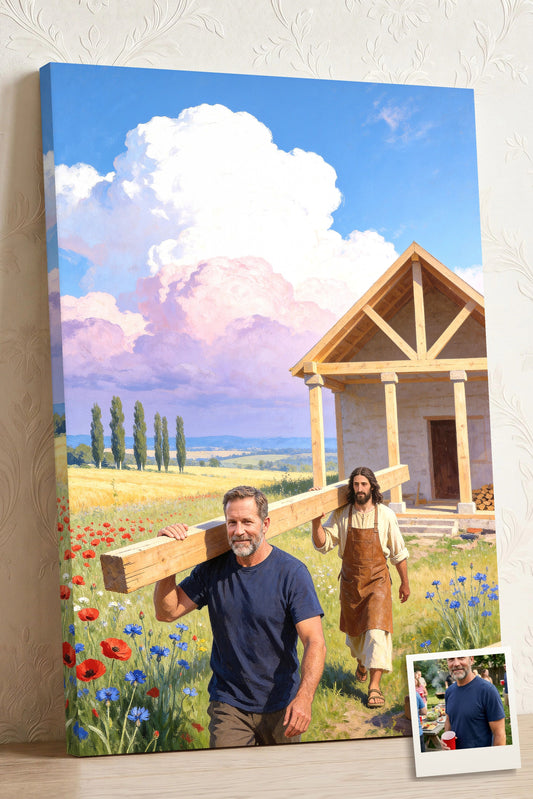 Personalized Jesus the Carpenter canvas: a man carrying a plank with Jesus to the cottage they are building, shown with the photo it was made from