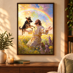 German Shepherd pet memorial canvas for Koda joyfully welcomed by Jesus beneath a rainbow in an Espresso frame
