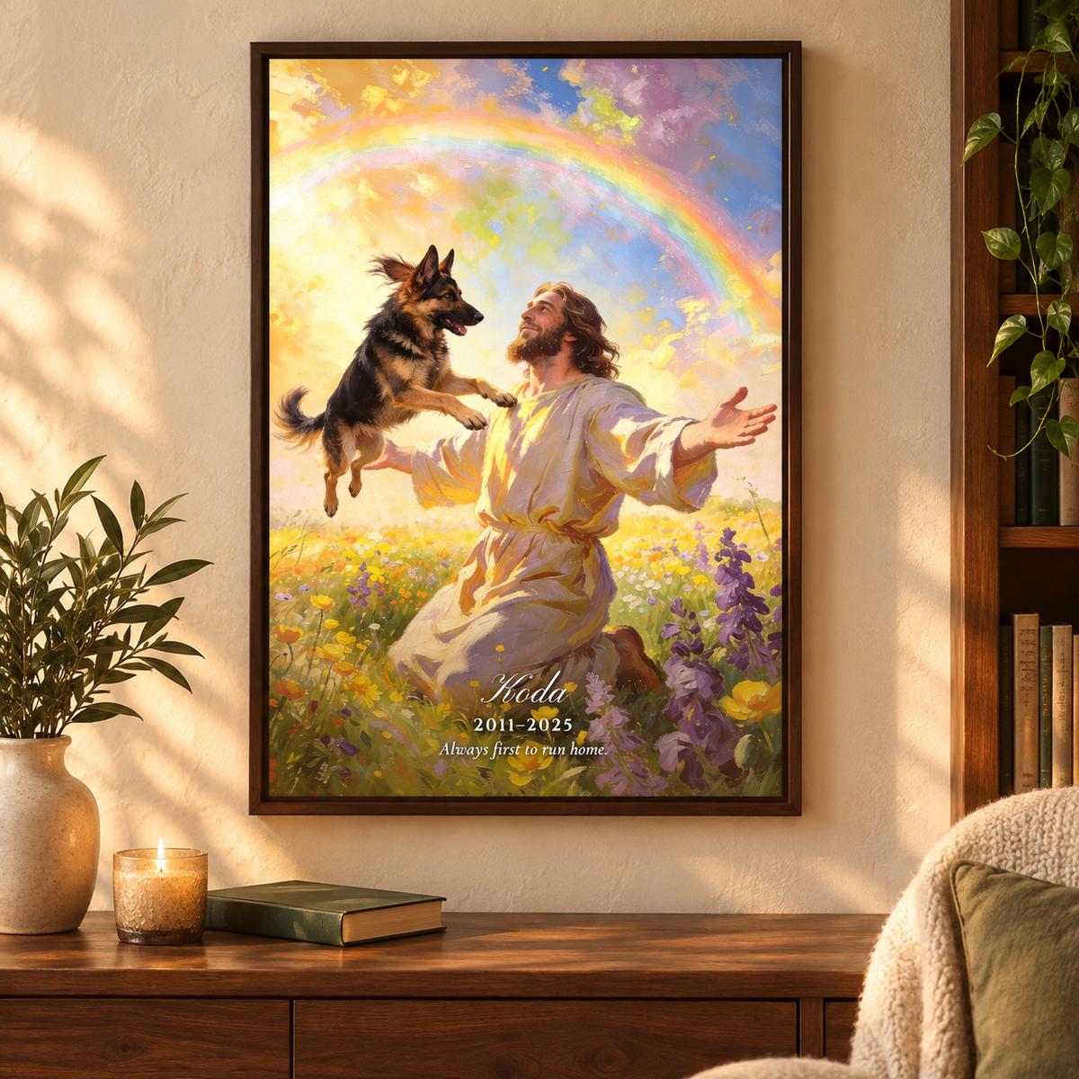 German Shepherd pet memorial canvas for Koda joyfully welcomed by Jesus beneath a rainbow in an Espresso frame