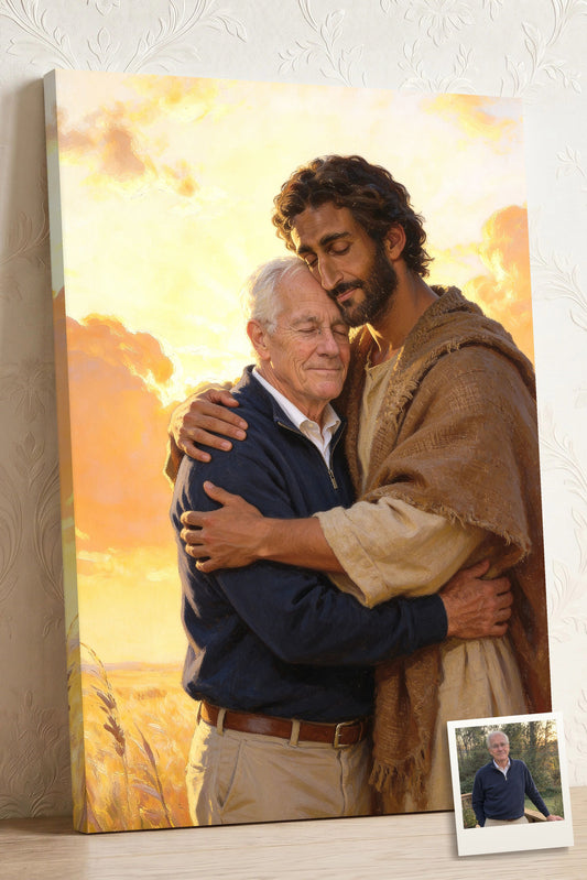 Personalized Christian canvas of an older man embraced by Jesus of Nazareth, His head resting against the man’s in warm golden light, with a small print of his original photo