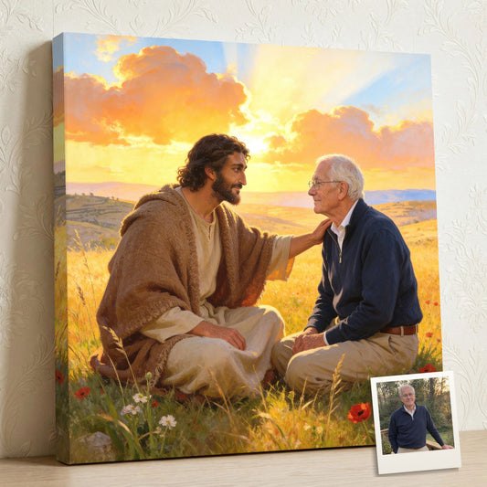 Personalized Christian canvas of an older man sitting with Jesus of Nazareth in a golden Galilee meadow, His hand on the man’s shoulder, with a small print of his original photo