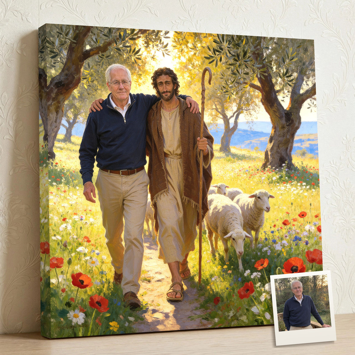 Personalized Christian canvas of an older man walking arm in arm with Jesus of Nazareth, the Good Shepherd, under olive trees, with a small print of his original photo