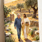 Personalized Christian canvas of an older man walking with Jesus through a fig and olive orchard, with a small print of his original photo