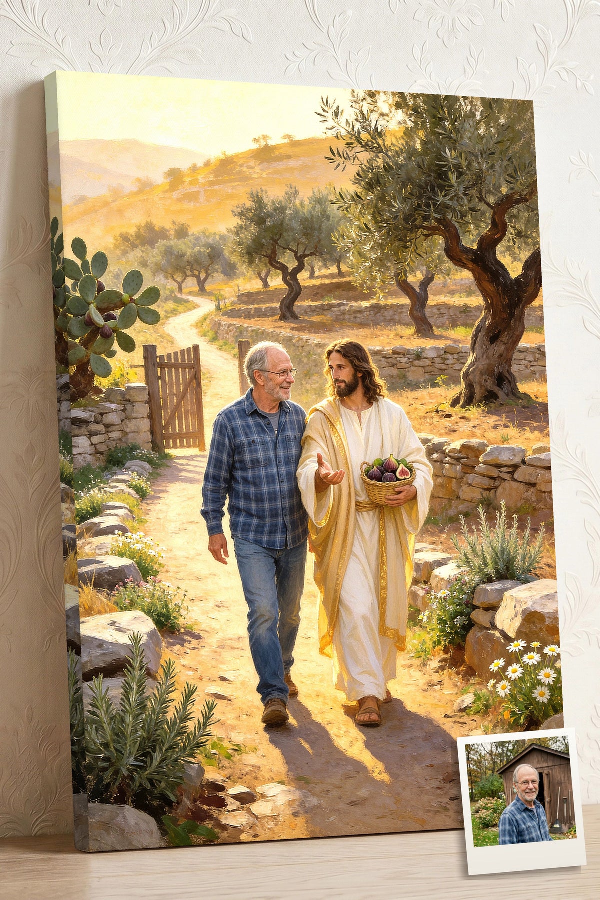 Personalized Christian canvas of an older man walking with Jesus through a fig and olive orchard, with a small print of his original photo