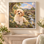 Personalized dog memorial canvas for Poppy in a white frame