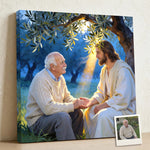 Personalized Christian canvas of an older man praying with Jesus in an olive grove, hands joined, with a small print of his original photo