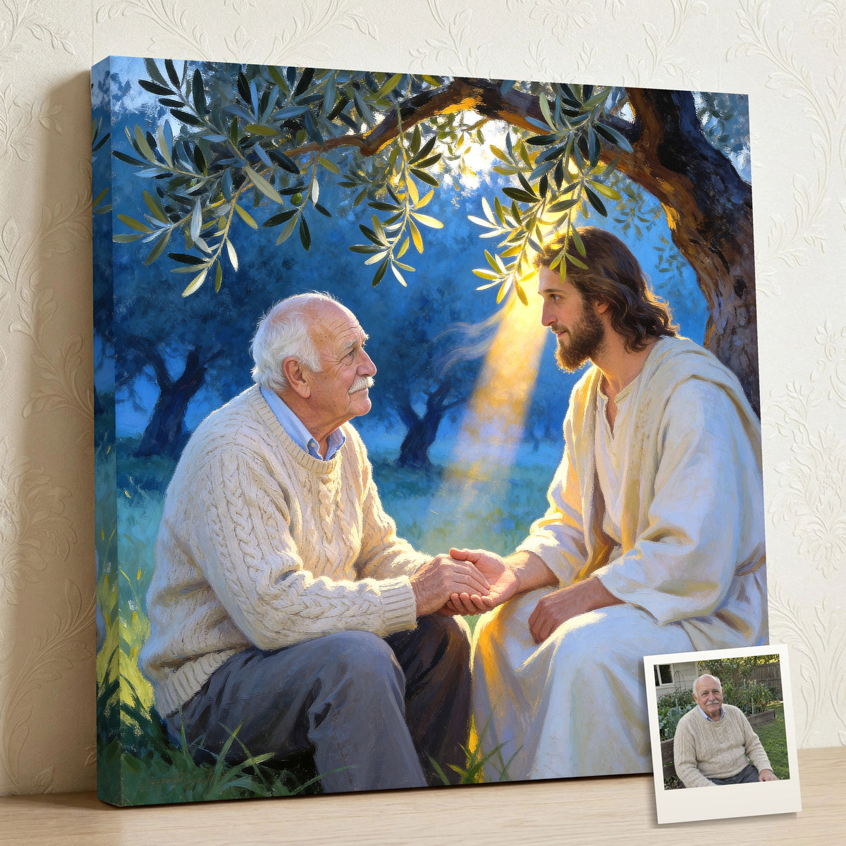 Personalized Christian canvas of an older man praying with Jesus in an olive grove, hands joined, with a small print of his original photo