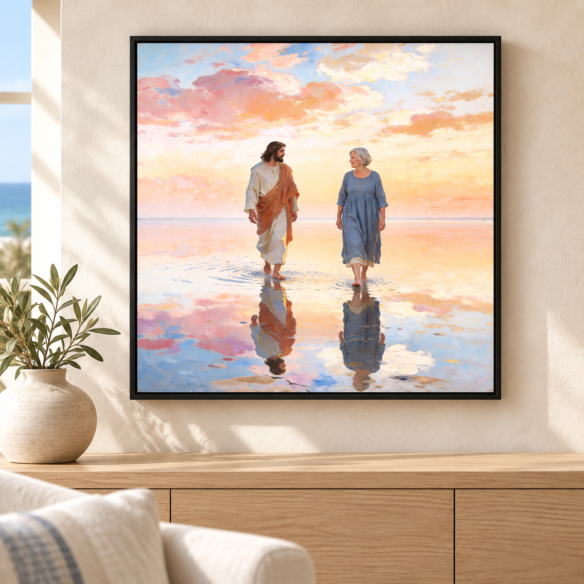 Personalized Jesus canvas showing an older woman walking with Christ through reflected dawn water in a Black frame