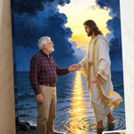Personalized Christian canvas of an older man taking Jesus' hand at the water's edge as the storm breaks, with a small print of his original photo