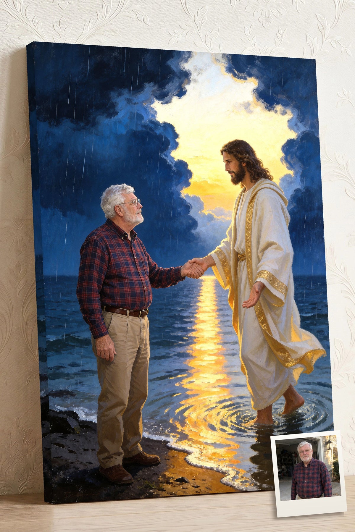 Personalized Christian canvas of an older man taking Jesus' hand at the water's edge as the storm breaks, with a small print of his original photo