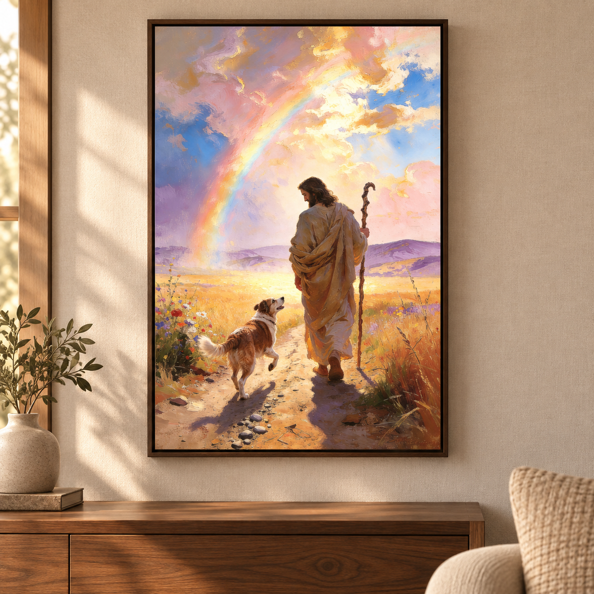 Mixed-breed dog walking beside Jesus beneath a rainbow in a personalized pet memorial canvas