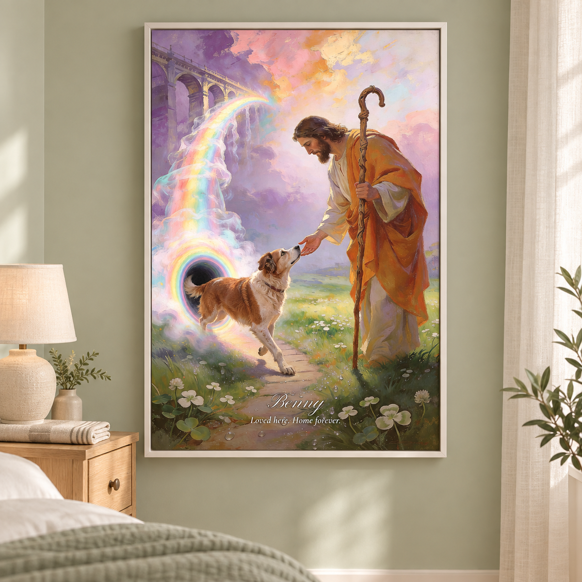 Mixed-breed dog memorial canvas for Benny meeting Jesus at the Rainbow Bridge in a White frame