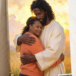 Personalized Black Jesus canvas of a woman held in Jesus’ arms, His head bowed with love, with a small print of her original photo