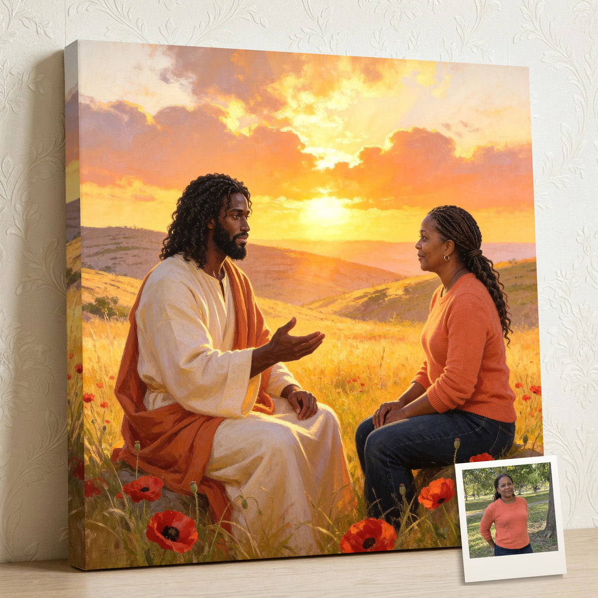 Personalized Black Jesus canvas of a woman listening as Jesus teaches in a golden field at sunset, with a small print of her original photo