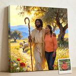 Personalized Black Jesus canvas of a woman walking beside Jesus and His shepherd’s crook in a sunlit meadow, with a small print of her original photo