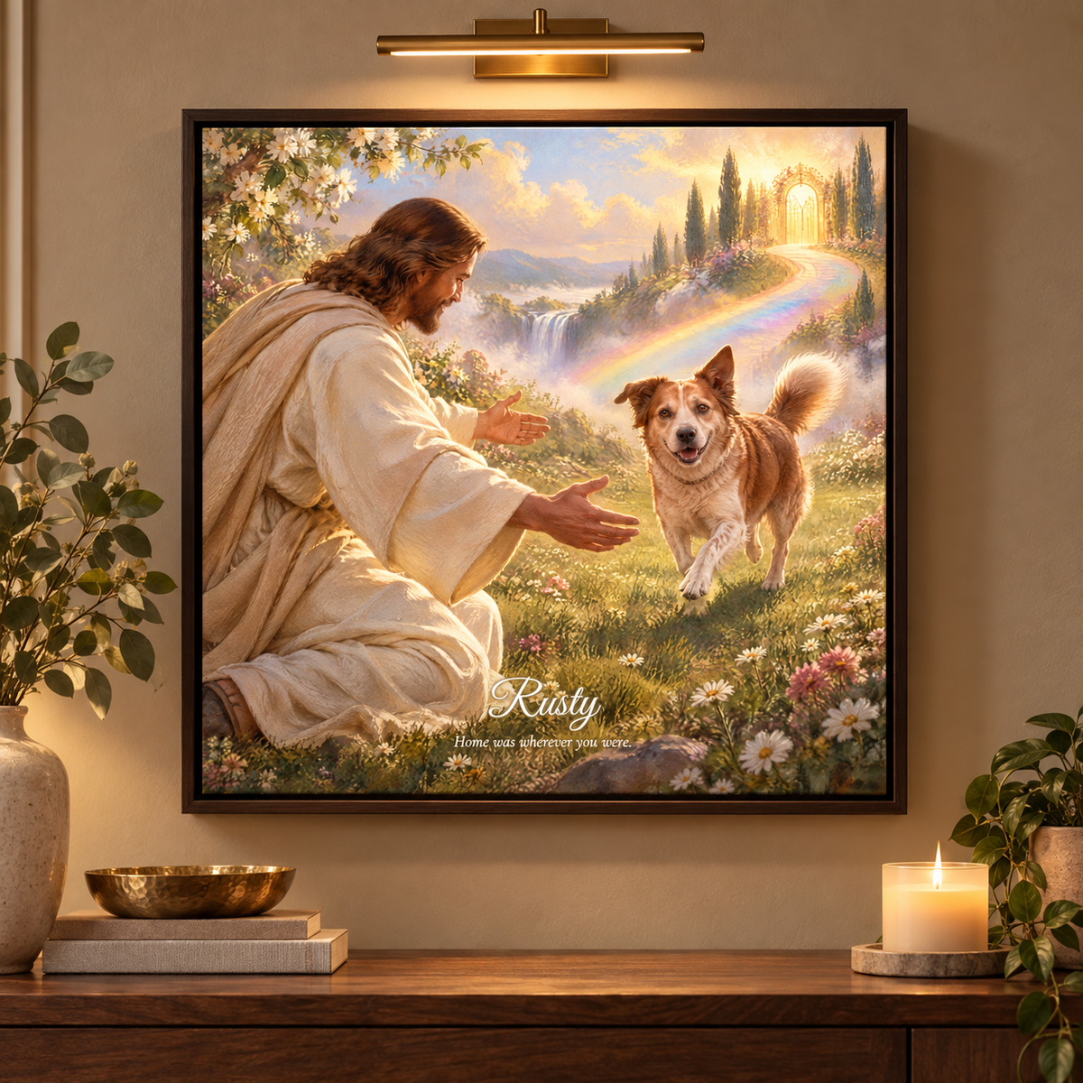 Christian pet memorial canvas with Jesus and rescue dog Rusty in an espresso frame