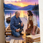 Personalized Jesus the Carpenter canvas: a man pausing with Jesus at sunset on the lake dock they are building, shown with the photo it was made from