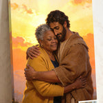 Personalized canvas of a woman held in the arms of a Middle Eastern Jesus of Nazareth, His head bowed with love, with a small print of her original photo