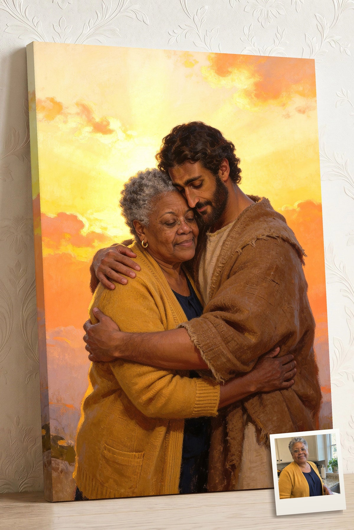 Personalized canvas of a woman held in the arms of a Middle Eastern Jesus of Nazareth, His head bowed with love, with a small print of her original photo