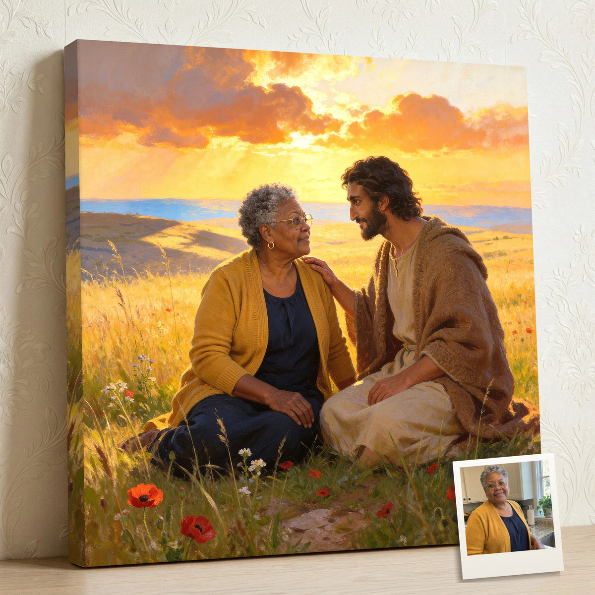 Personalized Jesus of Nazareth canvas of a woman sitting close beside Jesus at sunset, His hand on her shoulder, with a small print of her original photo